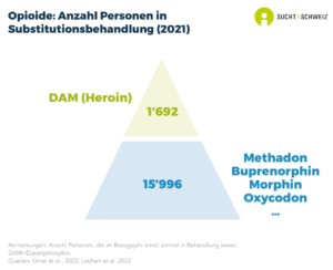 15'996 personnes ont été en traitement de substitution aux opioïdes (méthadone, buprénorphine, morphine, oxycodone) au moins une fois dans l'année (données de 2022). Par ailleurs, 1'692 personnes ont suivi un traitement de substitution à l'héroïne (données de 2022).